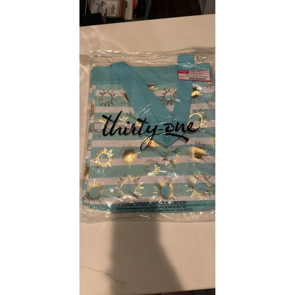 Thirty-One Bag Bundle Central Storage Tote + Clip Pouch Teal Gold White NWT - Picture 7 of 9